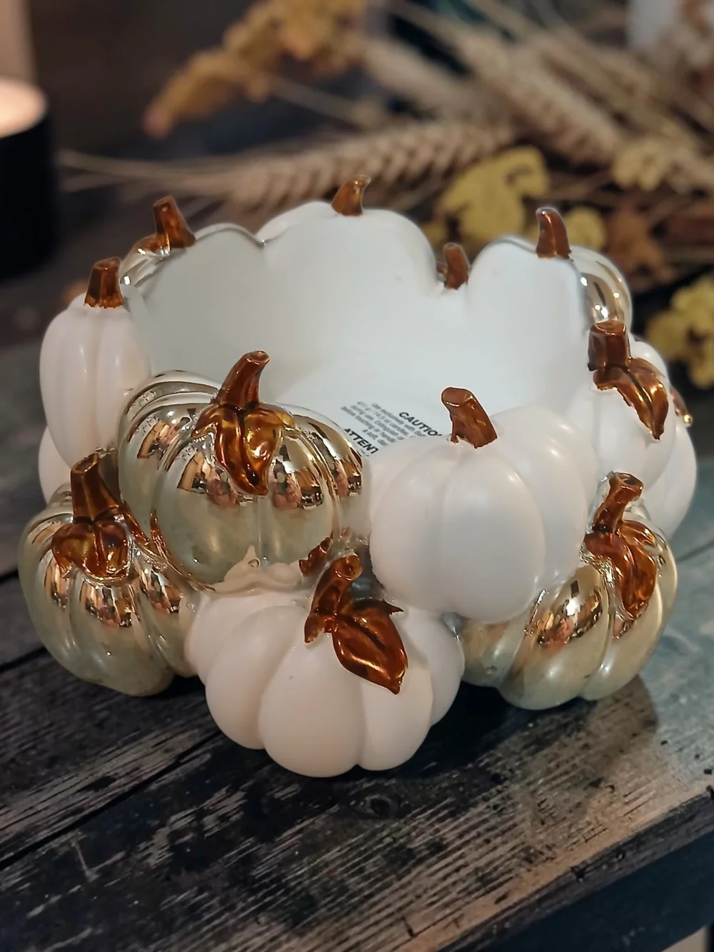 Ceramic White and Gold Pumpkin Candle Holder- Decorative Home Accent